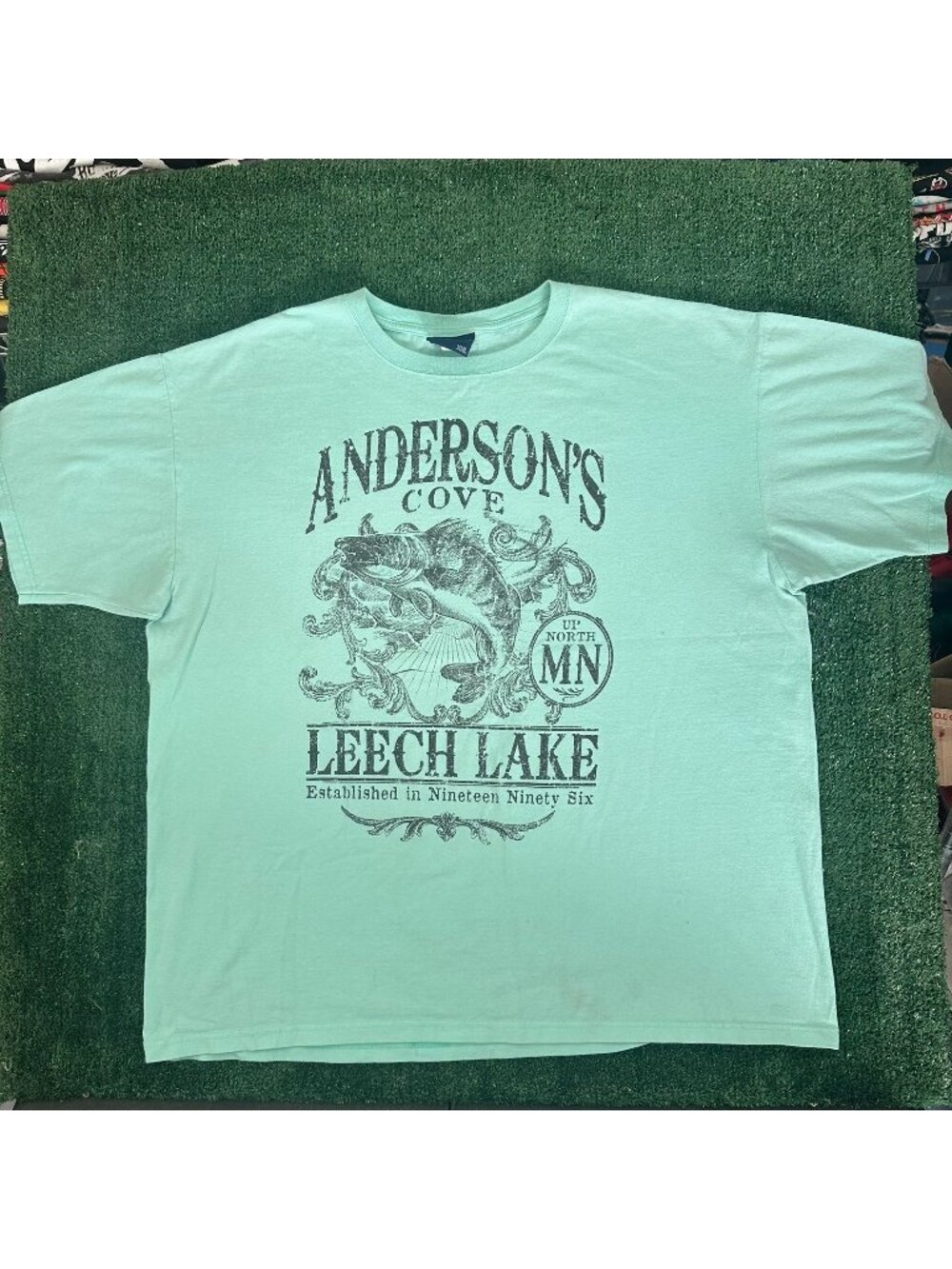 Vintage Y2K Minnesota Leech Lake Fishing T-Shirt Mint Green XXL Outdoor Pastel